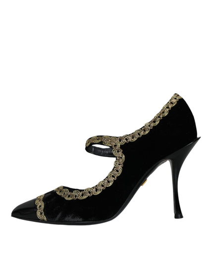 Dolce & Gabbana Black Mary Janes Velvet Gold Pumps Shoes