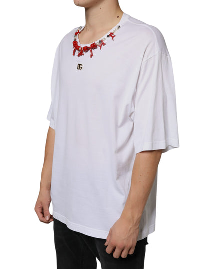 Dolce & Gabbana White Cotton Necklace Embellished T-shirt