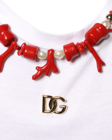 Dolce & Gabbana White Cotton Necklace Embellished T-shirt