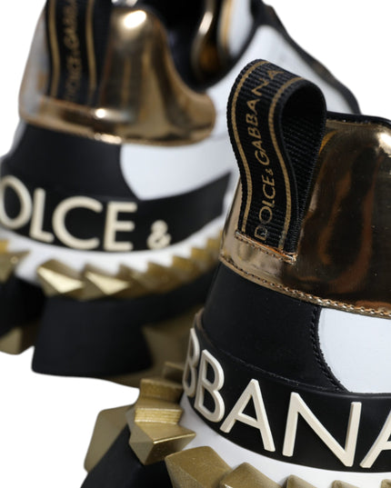 Dolce & Gabbana White Gold Black Leather SUPER KING Sneakers Shoes