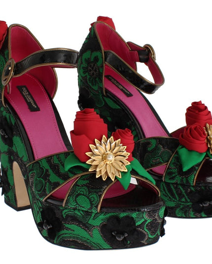 Dolce & Gabbana Green Brocade Snakeskin Roses Crystal Shoes