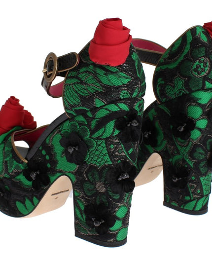 Dolce & Gabbana Green Brocade Snakeskin Roses Crystal Shoes
