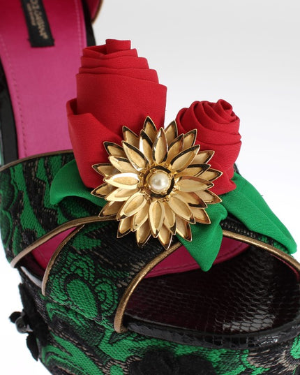 Dolce & Gabbana Green Brocade Snakeskin Roses Crystal Shoes