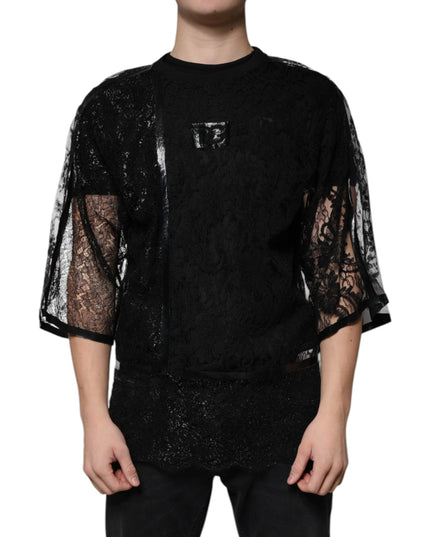 Dolce & Gabbana Black Nylon Floral Lace Crew Neck T-shirt