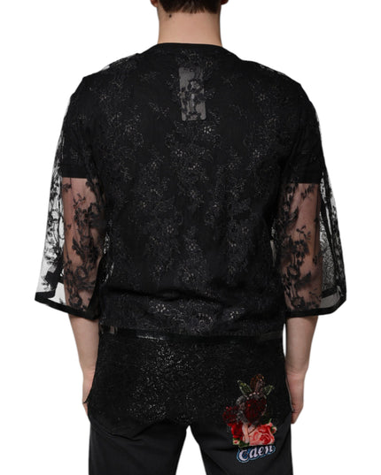 Dolce & Gabbana Black Nylon Floral Lace Crew Neck T-shirt
