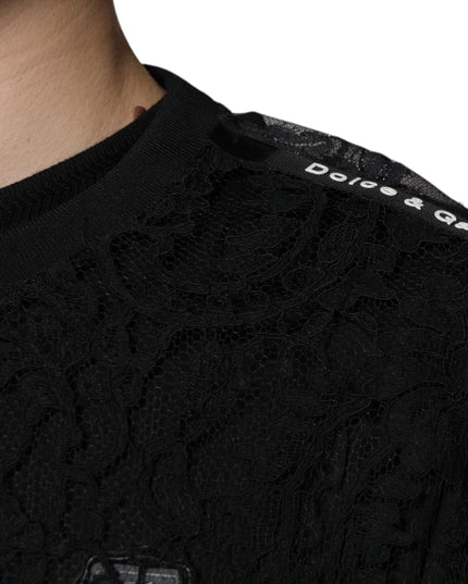 Dolce & Gabbana Black Nylon Floral Lace Crew Neck T-shirt