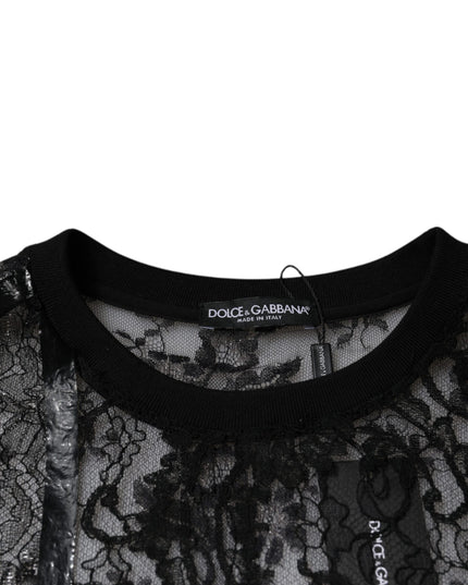 Dolce & Gabbana Black Nylon Floral Lace Crew Neck T-shirt