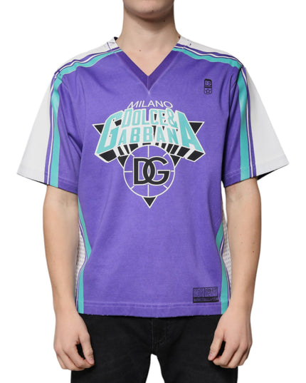 Dolce & Gabbana Purple Logo Jersey Cotton V-neck T-shirt