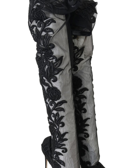 Dolce & Gabbana Black Floral Embroidered Socks Boots