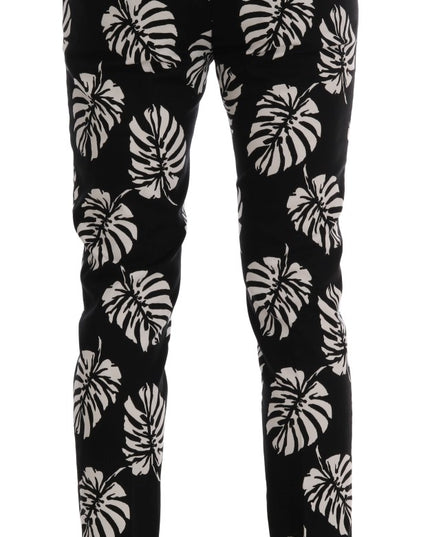 Dolce & Gabbana White Black Leaf Cotton Stretch Slim Pants