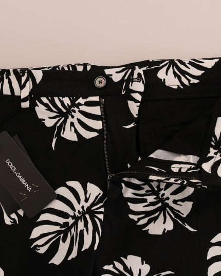 Dolce & Gabbana White Black Leaf Cotton Stretch Slim Pants