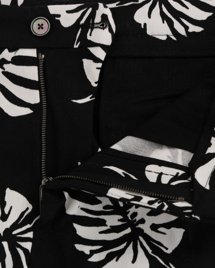 Dolce & Gabbana White Black Leaf Cotton Stretch Slim Pants