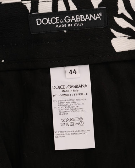 Dolce & Gabbana White Black Leaf Cotton Stretch Slim Pants