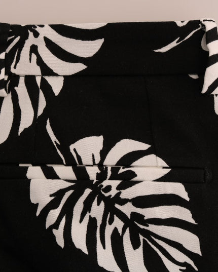 Dolce & Gabbana White Black Leaf Cotton Stretch Slim Pants