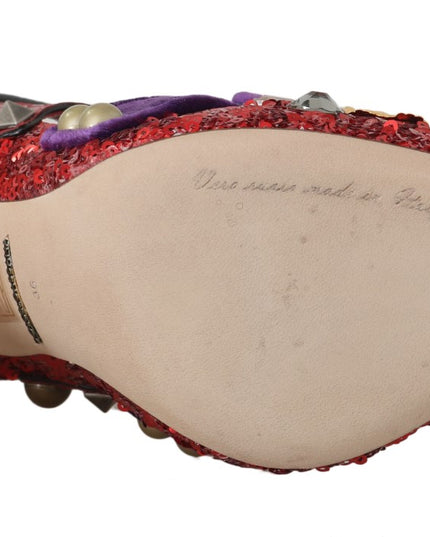 Dolce & Gabbana Red Sequined Crystal Studs Heels Shoes