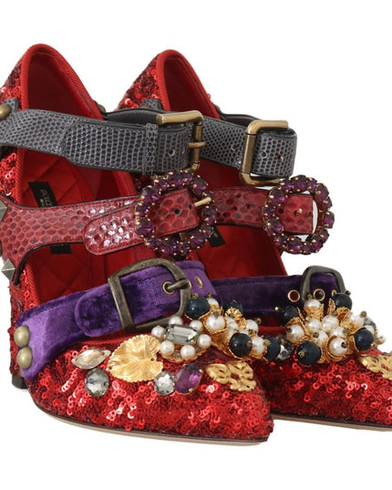 Dolce & Gabbana Red Sequined Crystal Studs Heels Shoes