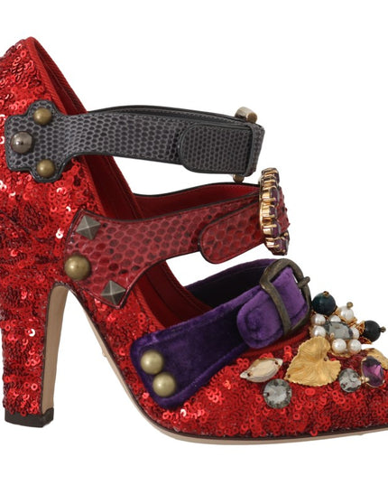Dolce & Gabbana Red Sequined Crystal Studs Heels Shoes