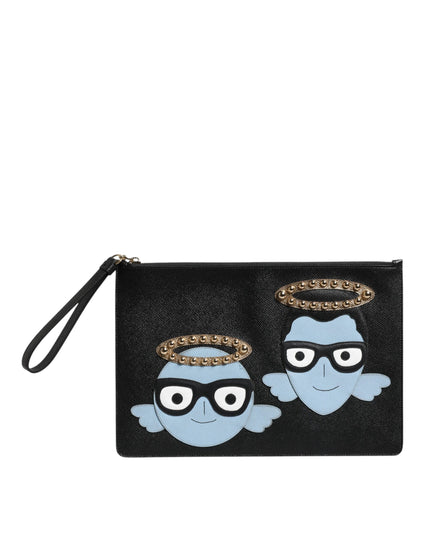 Dolce & Gabbana Black Leather #DGFAMILY Embellished Men Zip Pouch Bag