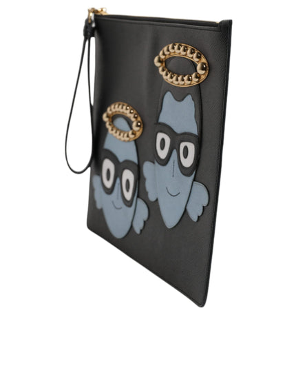 Dolce & Gabbana Black Leather #DGFAMILY Embellished Men Zip Pouch Bag