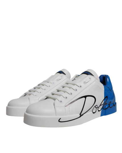 Dolce & Gabbana White Blue Leather Logo Low Top Sneakers Shoes
