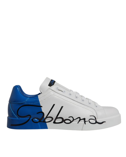 Dolce & Gabbana White Blue Leather Logo Low Top Sneakers Shoes