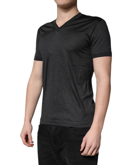 Dolce & Gabbana Dark Gray Silk V-neck Short Sleeves T-shirt