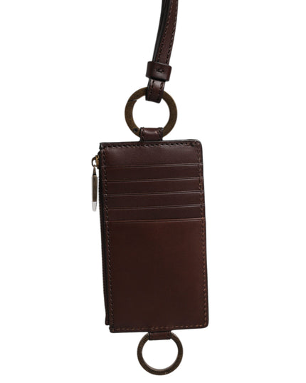 Dolce & Gabbana Brown Calf Leather Lanyard Logo Card Holder Wallet