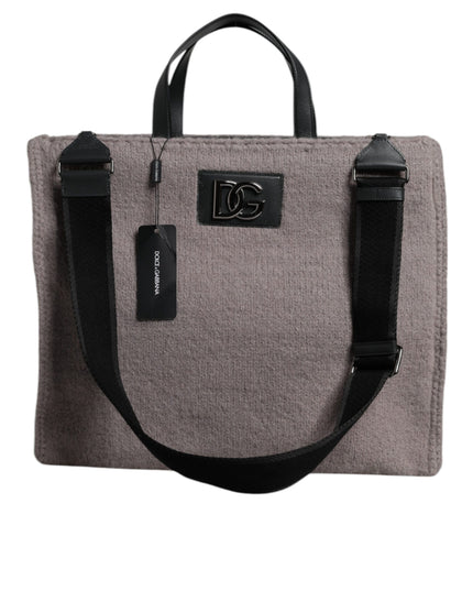 Dolce & Gabbana Grey Alpaca Wool Logo Plaque Tote Shoulder Bag