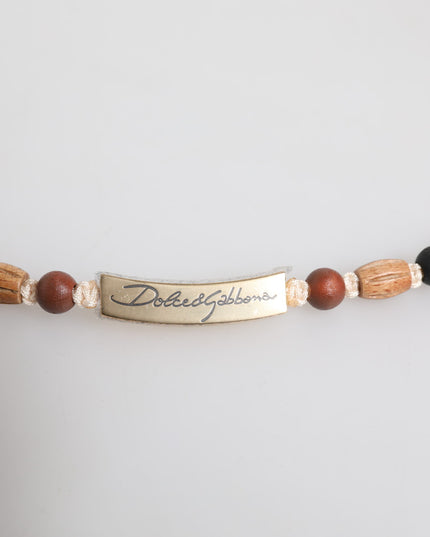 Dolce & Gabbana Black Gold Wooden Beaded Logo Pendant Necklace