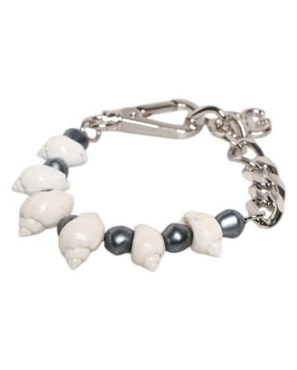 Dolce & Gabbana Silver Tone Brass Beaded Shell DG Logo Pendant Bracelet
