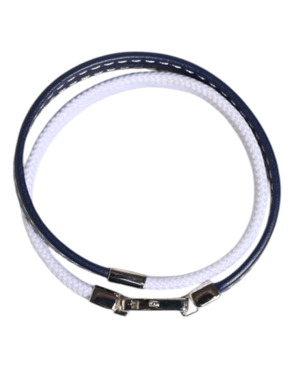 Dolce & Gabbana Blue White Leather Trimmed DG Engraved Silver Tone Clasp Bracelet