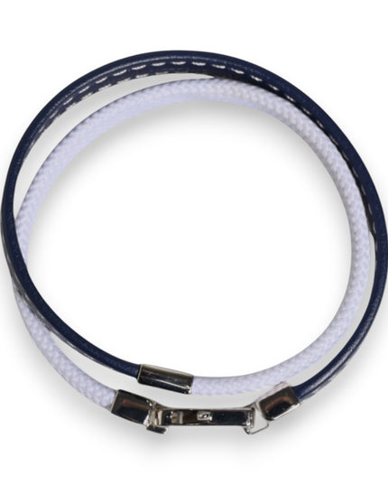 Dolce & Gabbana Blue White Leather Trimmed DG Engraved Silver Tone Clasp Bracelet