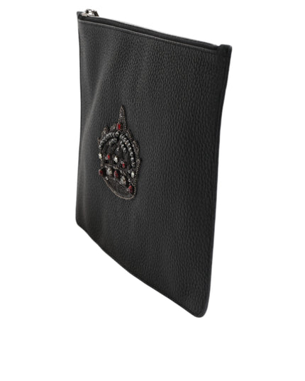 Dolce & Gabbana Black Calfskin Crown Embellished Clutch Pouch Bag
