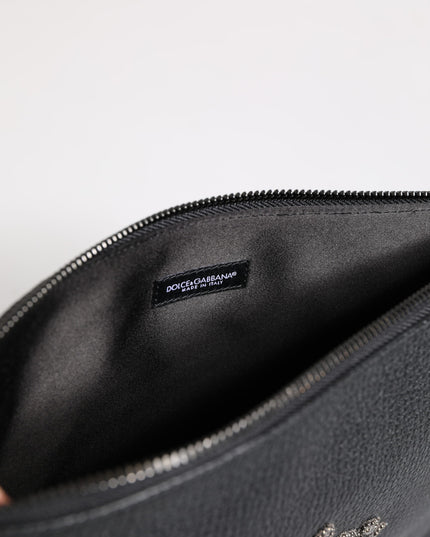 Dolce & Gabbana Black Calfskin Crown Embellished Clutch Pouch Bag
