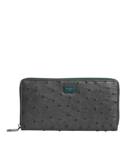 Dolce & Gabbana Green Ostrich Logo Plaque Zip Around Continental Wallet