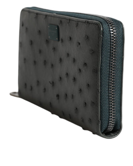 Dolce & Gabbana Green Ostrich Logo Plaque Zip Around Continental Wallet