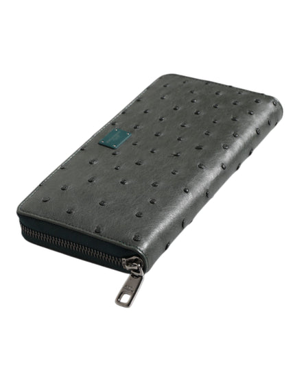 Dolce & Gabbana Green Ostrich Logo Plaque Zip Around Continental Wallet