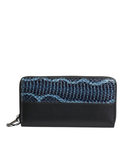 Dolce & Gabbana Black Blue Exotic Leather Embossed Continental Wallet
