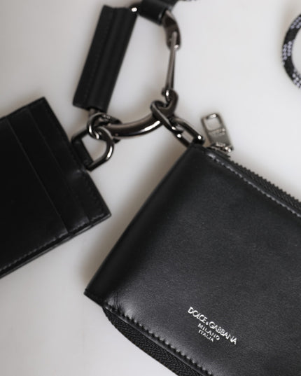 Dolce & Gabbana Black Leather Lanyard Zip Around Card Holder Wallet