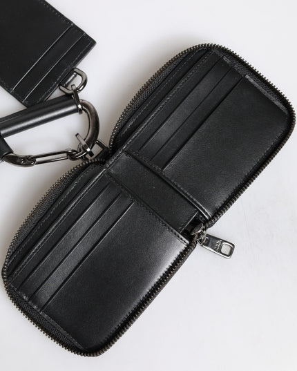 Dolce & Gabbana Black Leather Lanyard Zip Around Card Holder Wallet