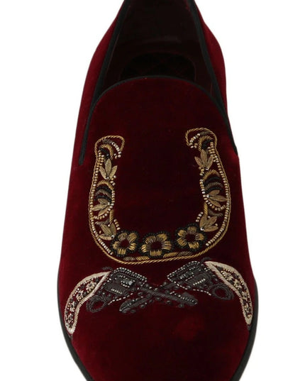 Dolce & Gabbana Bordeaux Velvet Loafers Gun Horseshoe Shoes