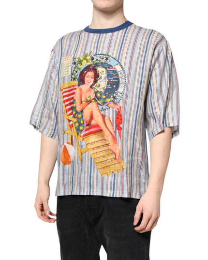 Dolce & Gabbana Multicolor Striped Pin Up Linen Round Neck T-shirt