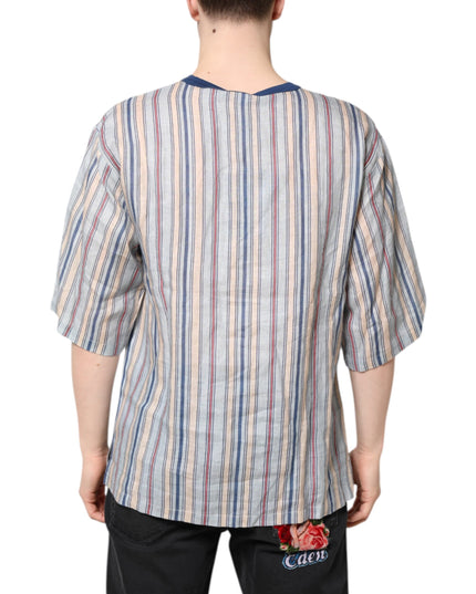 Dolce & Gabbana Multicolor Striped Pin Up Linen Round Neck T-shirt