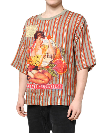 Dolce & Gabbana Multicolor Striped Graphic Linen Round Neck T-shirt