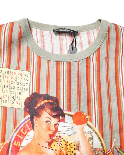 Dolce & Gabbana Multicolor Striped Graphic Linen Round Neck T-shirt