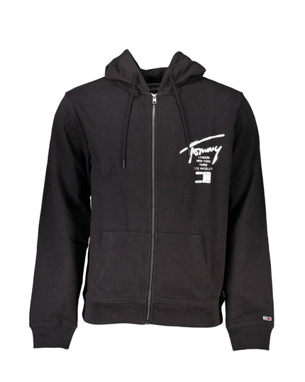 Tommy Hilfiger Black Cotton Men Sweater with Hood and Zip Pockets