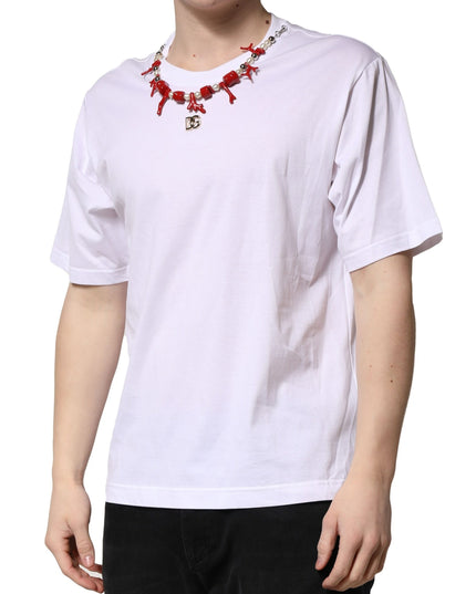 Dolce & Gabbana White Embellished Cotton Crew Neck T-shirt