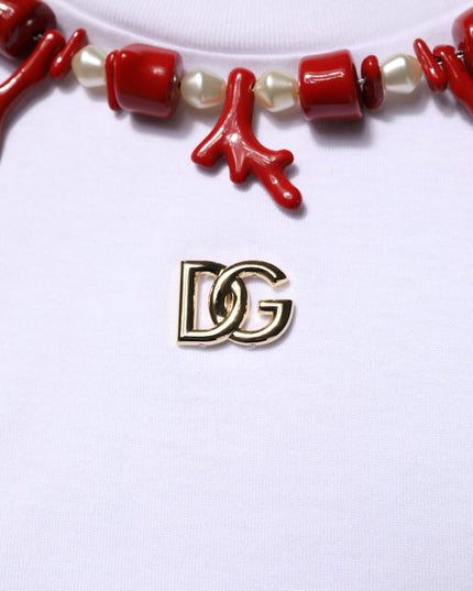 Dolce & Gabbana White Embellished Cotton Crew Neck T-shirt