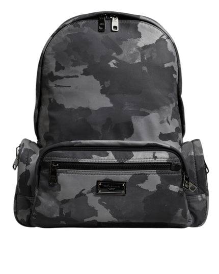 Dolce & Gabbana Gray Cotton Camouflage Logo Plaque Backpack Bag