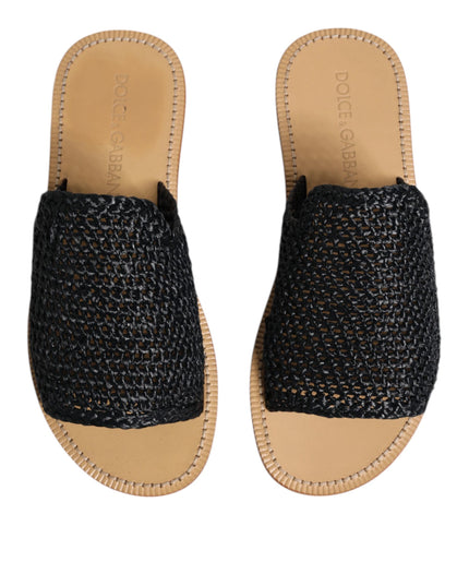Dolce & Gabbana Black Monochrome Braided Raffia Slides Shoes